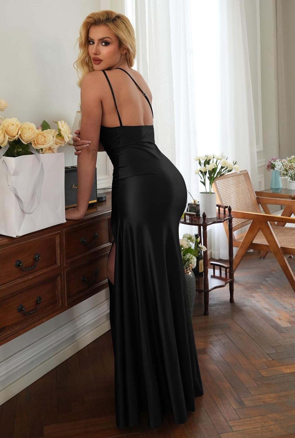 Memoriesea Women's Sexy One Shoulder Ruched High Split Evening Maxi Formal Dress
