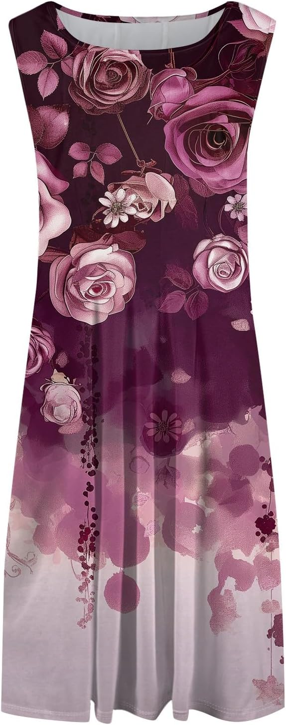 Womens Tank Sundress 2025 Casual Floral Print Tshirt Dress Swing Sleeveless Midi Dress Crewneck Pleated Summer Dresses