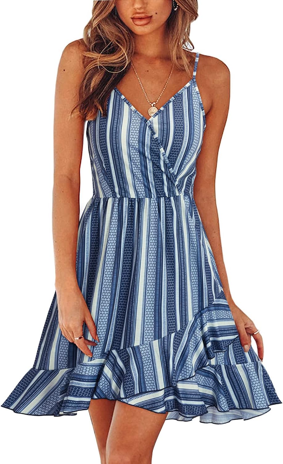 ULTRANICE Womens Summer Dresses Floral V Neck Ruffled Hem Spaghetti Spring Casual Beach Outfits Flowy Wrap Sun Dress