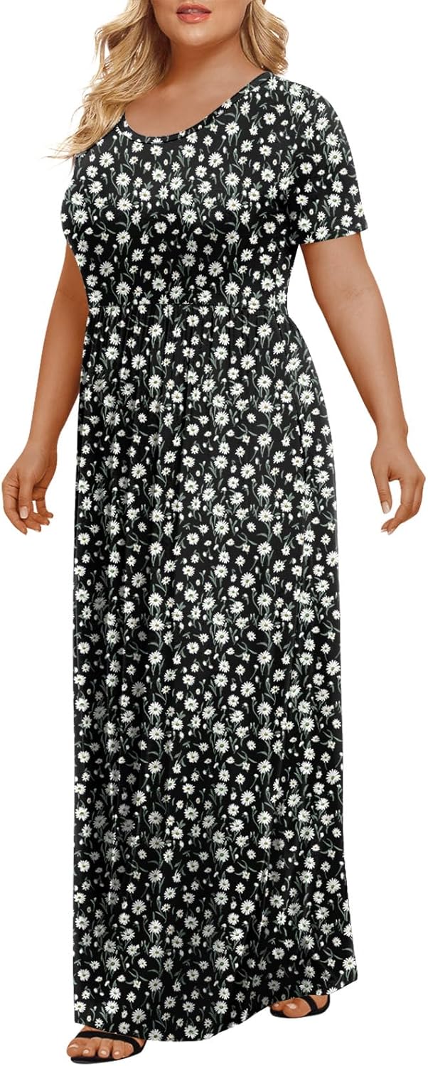 LONGYUAN Women's Plus Size Maxi Dresses for Curvy Women Summer Short Sleeve Casual 2025 Long Dress XL-6XL