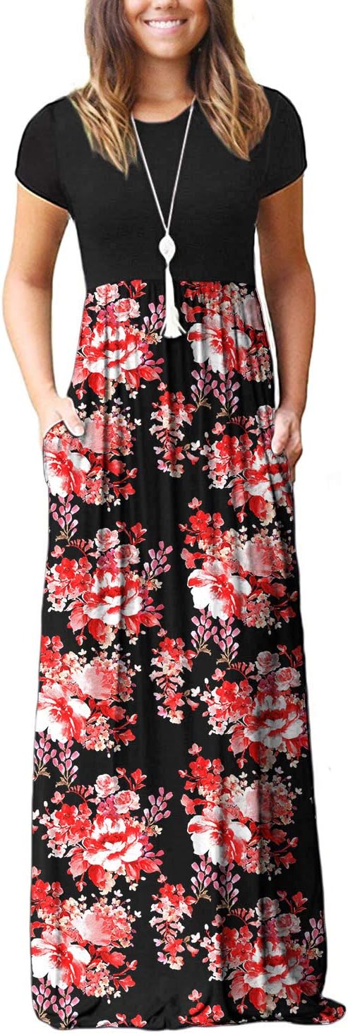DEARCASE Maxi Dress for Women Short Sleeve Casual Summer Loose Plain Comfy Long Dresses with Pockets