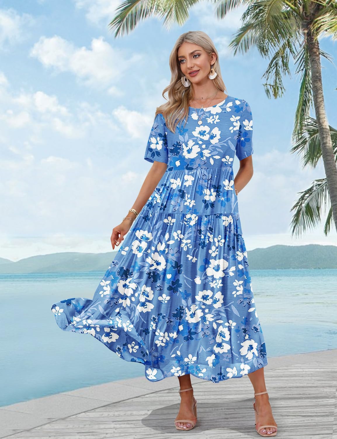 YESNO Women Casual Loose Bohemian Floral Dress with Pockets Short Sleeve Long Maxi Summer Beach Swing Dress EJF