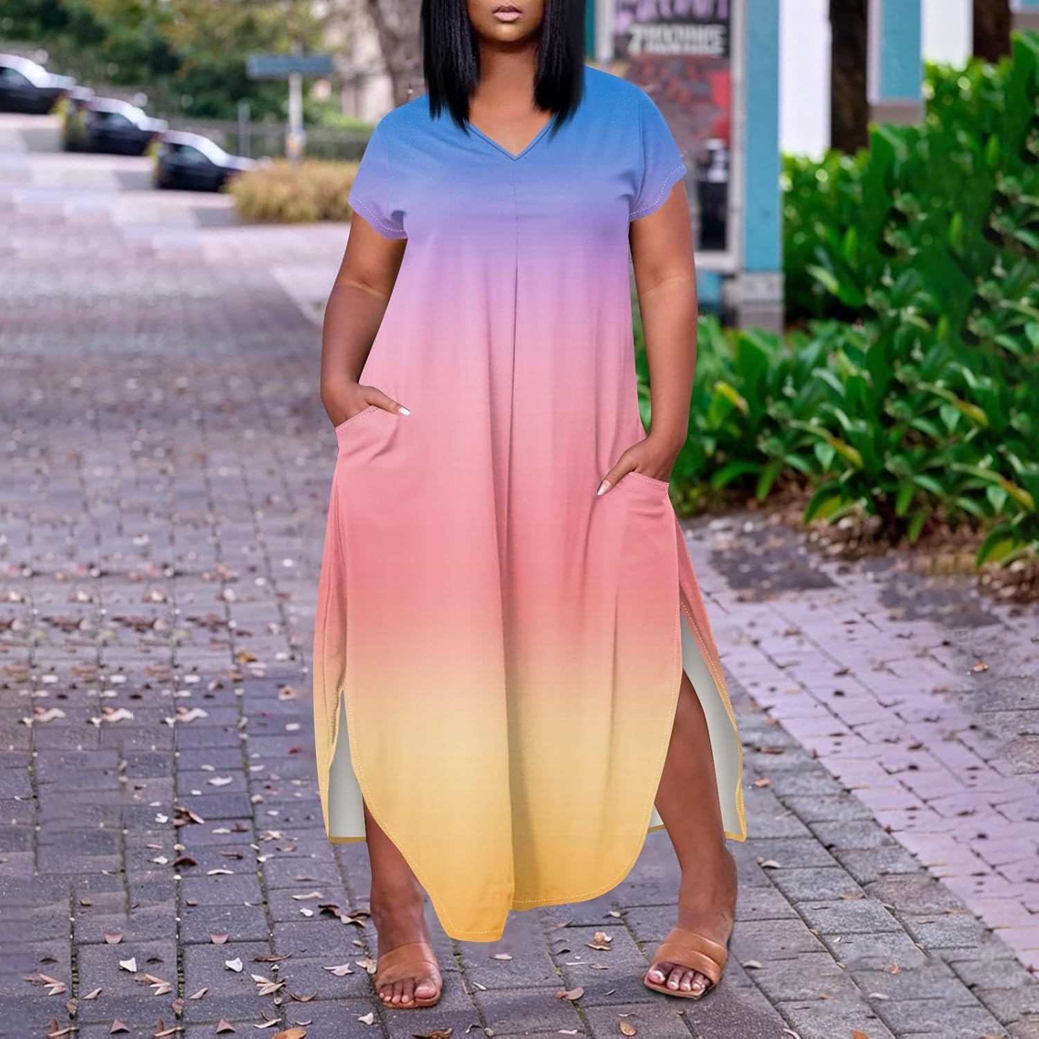 Maxi Dresses for Women 2025 Plus Size Tie Dye V Neck Dress Short Sleeve Side Split Beach Summer Sundress with Pocket