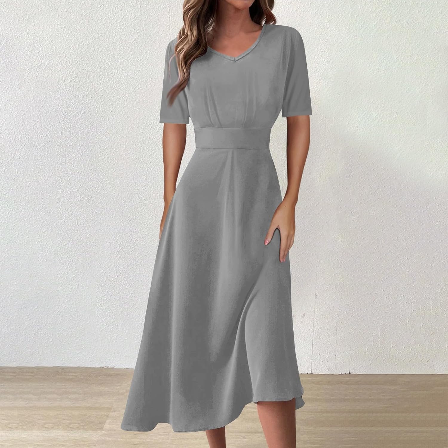 Women's Summer Elegant Cocktail Dress Solid Color Swing V-Neck Party Gown Dresses, S-2XL