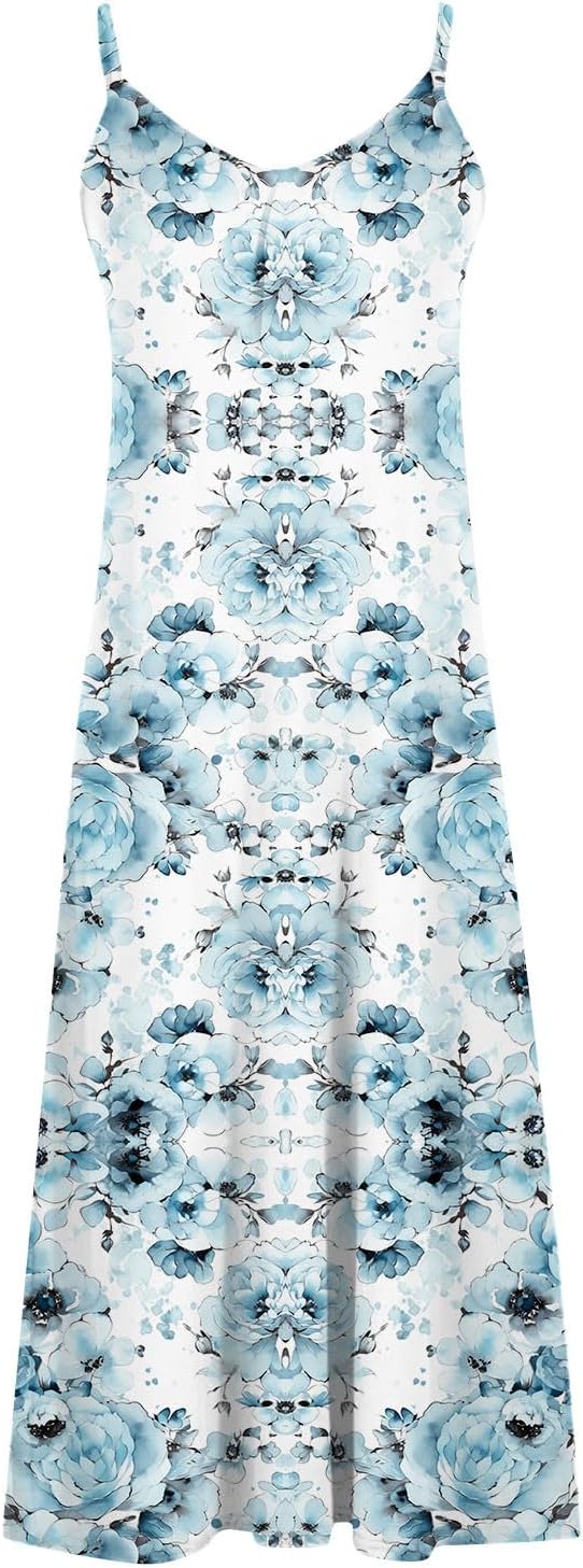Womens Floral Maxi Dresses Spaghetti Strap Casual Summer Long Dress Vneck Flowy Boho Beach Sundress Vacation Outfits