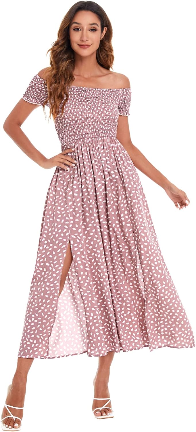 Floerns Women's Boho Floral Print Off Shoulder Split Long A Line Dress