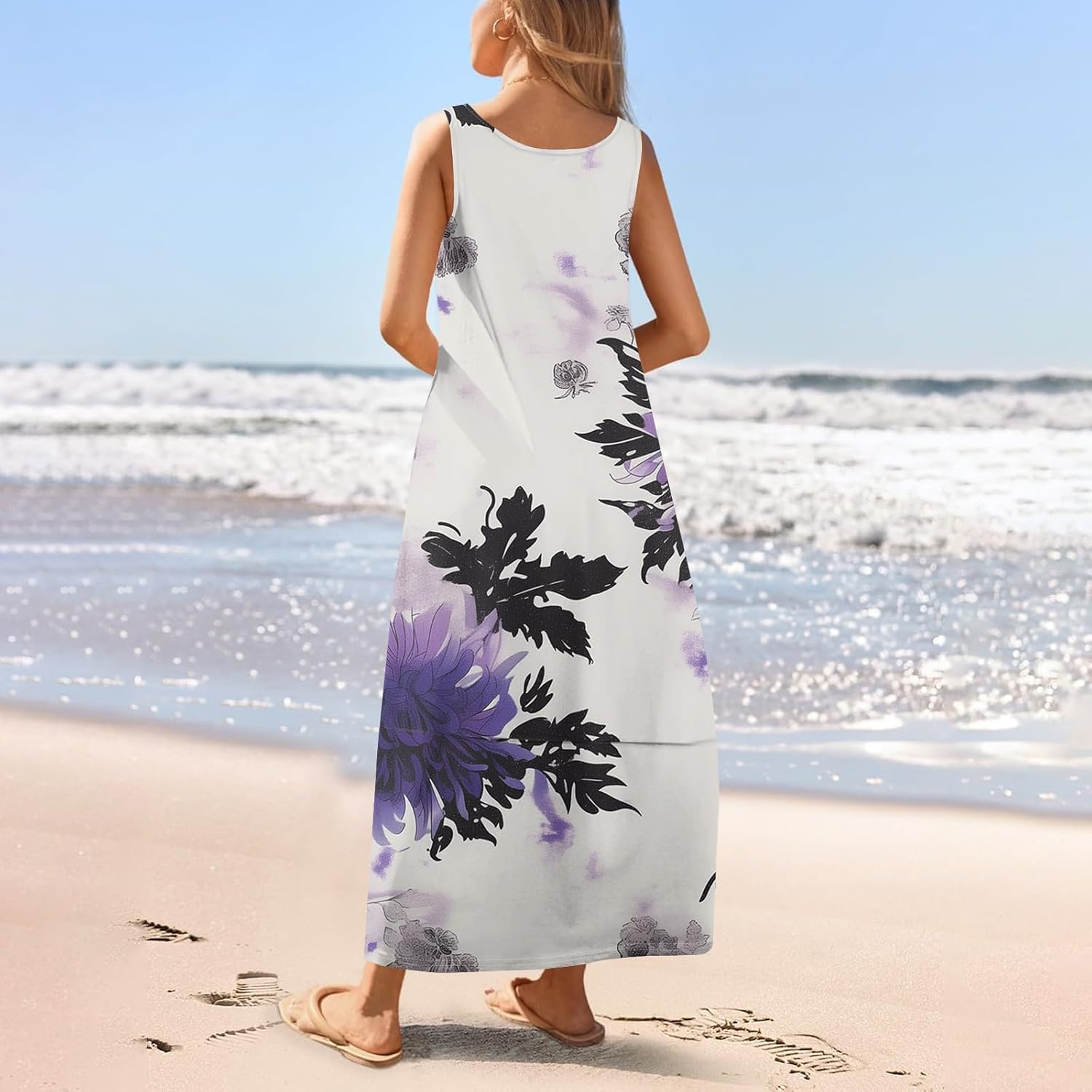 Womens Summer Tank Dress Vacation Boho Floral Long Dresses with Pockets Resort Wear Swing Beach Sleeveless Sundress