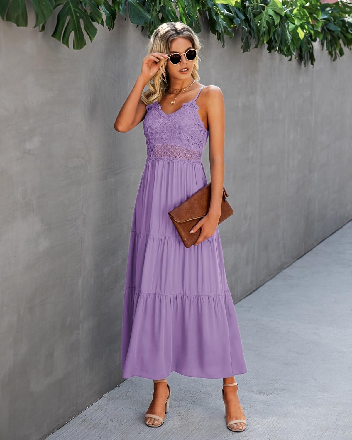 Dokuritu Women's Beach Crochet Lace Maxi Dress Solid Color Summer Vacation Spaghetti Strap Long Dress 2024