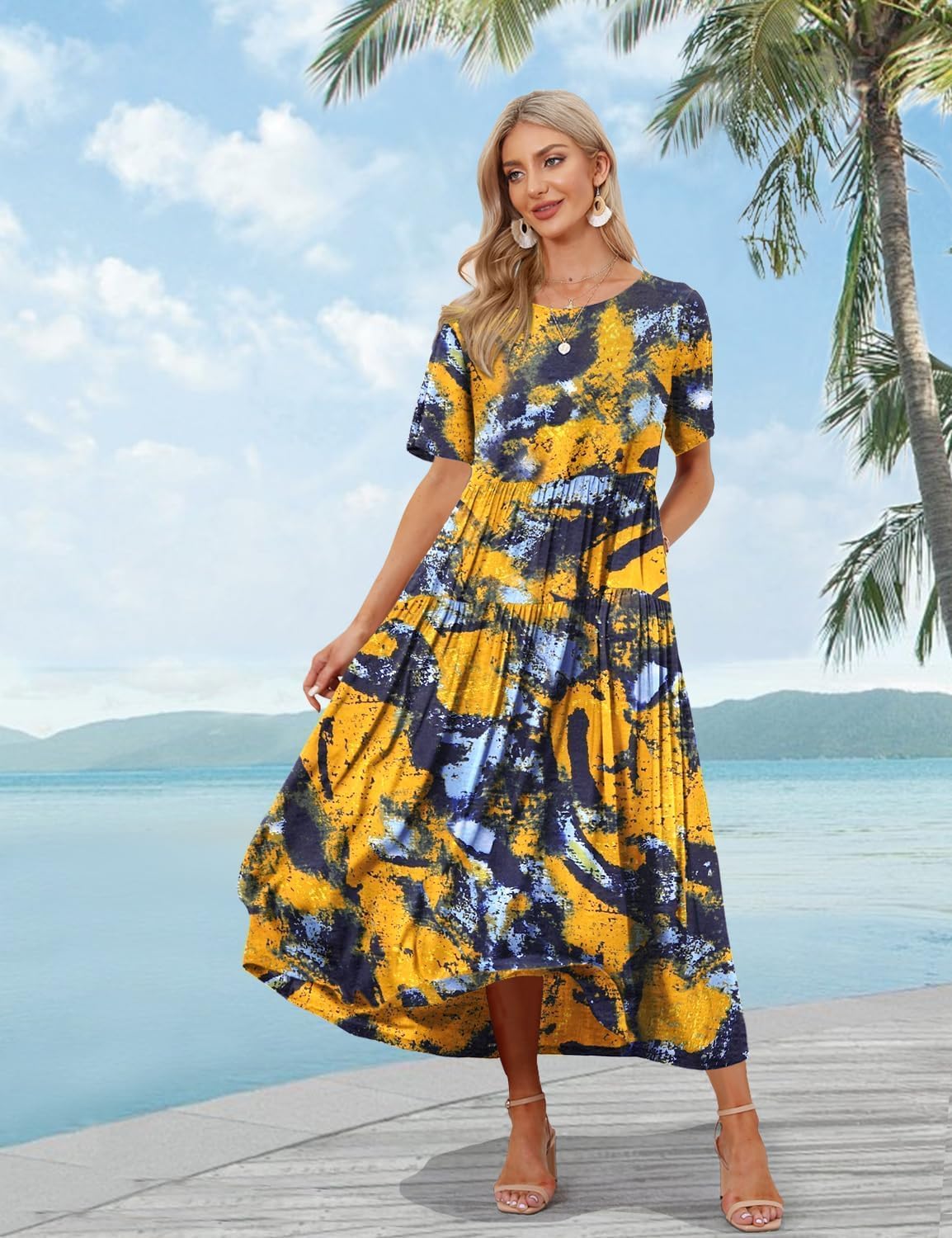 YESNO Women Casual Loose Bohemian Floral Dress with Pockets Short Sleeve Long Maxi Summer Beach Swing Dress EJF