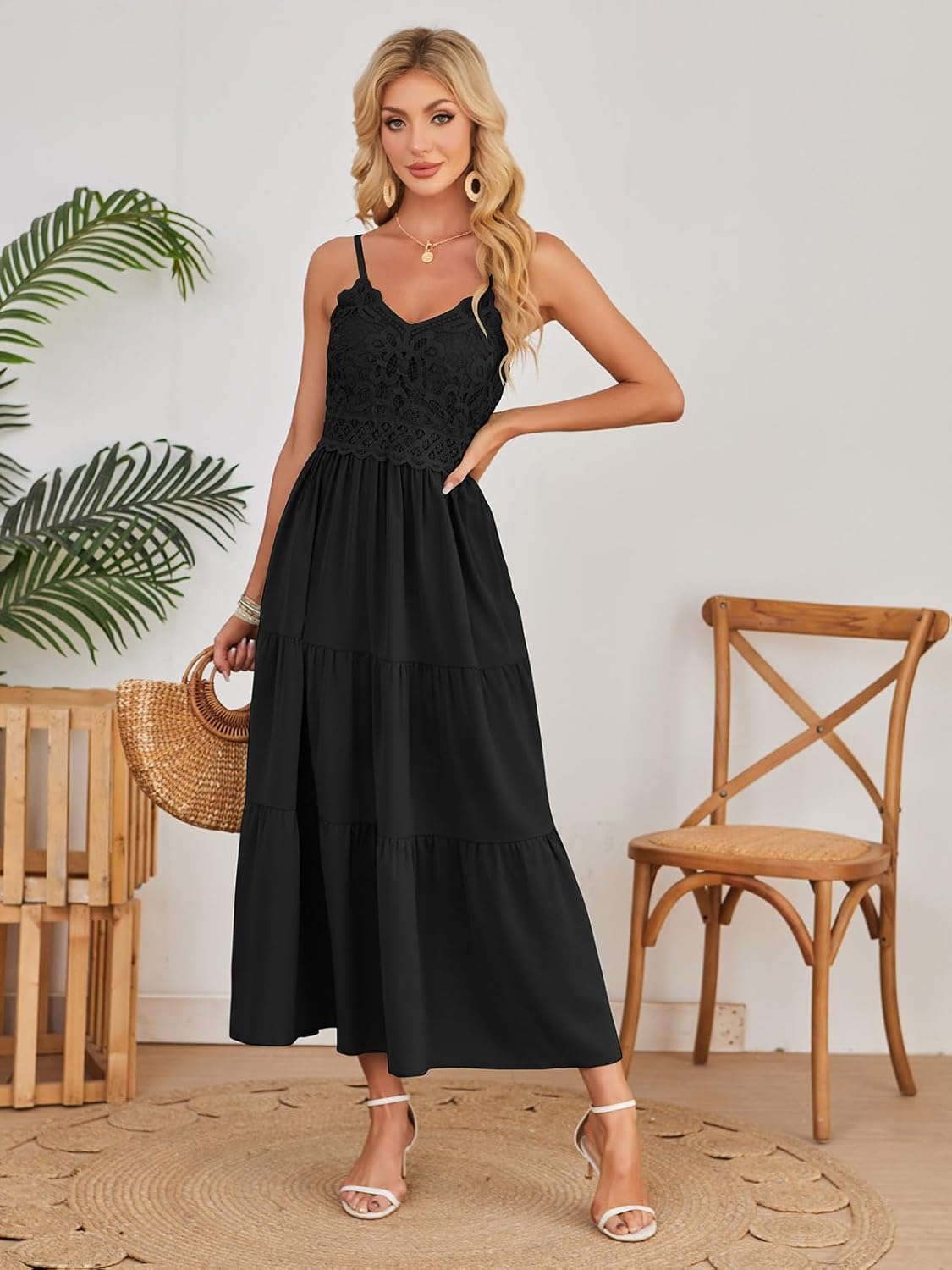 Dokuritu Women's Beach Crochet Lace Maxi Dress Solid Color Summer Vacation Spaghetti Strap Long Dress 2024