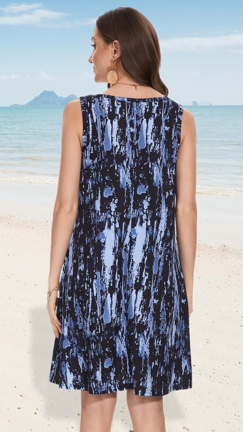 Summer Dresses for Women Beach Boho Sleeveless Vintage Floral Flowy Pocket Tshirt Tank Sundresses
