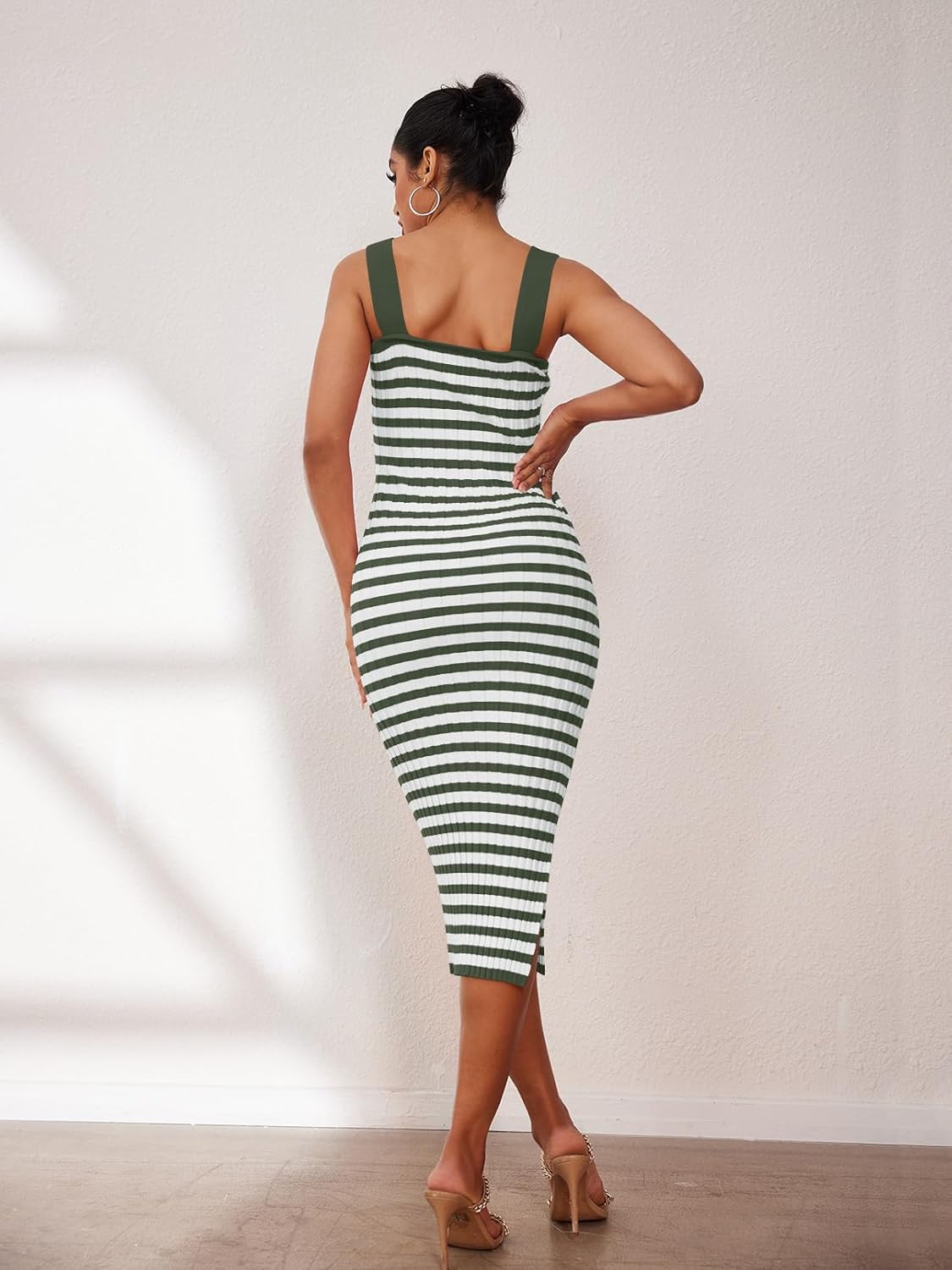 MEROKEETY Women's 2025 Summer Spring Bodycon Midi Dress Vacation Sleeveless Ribbed Knit Striped Party Sweater Dresses