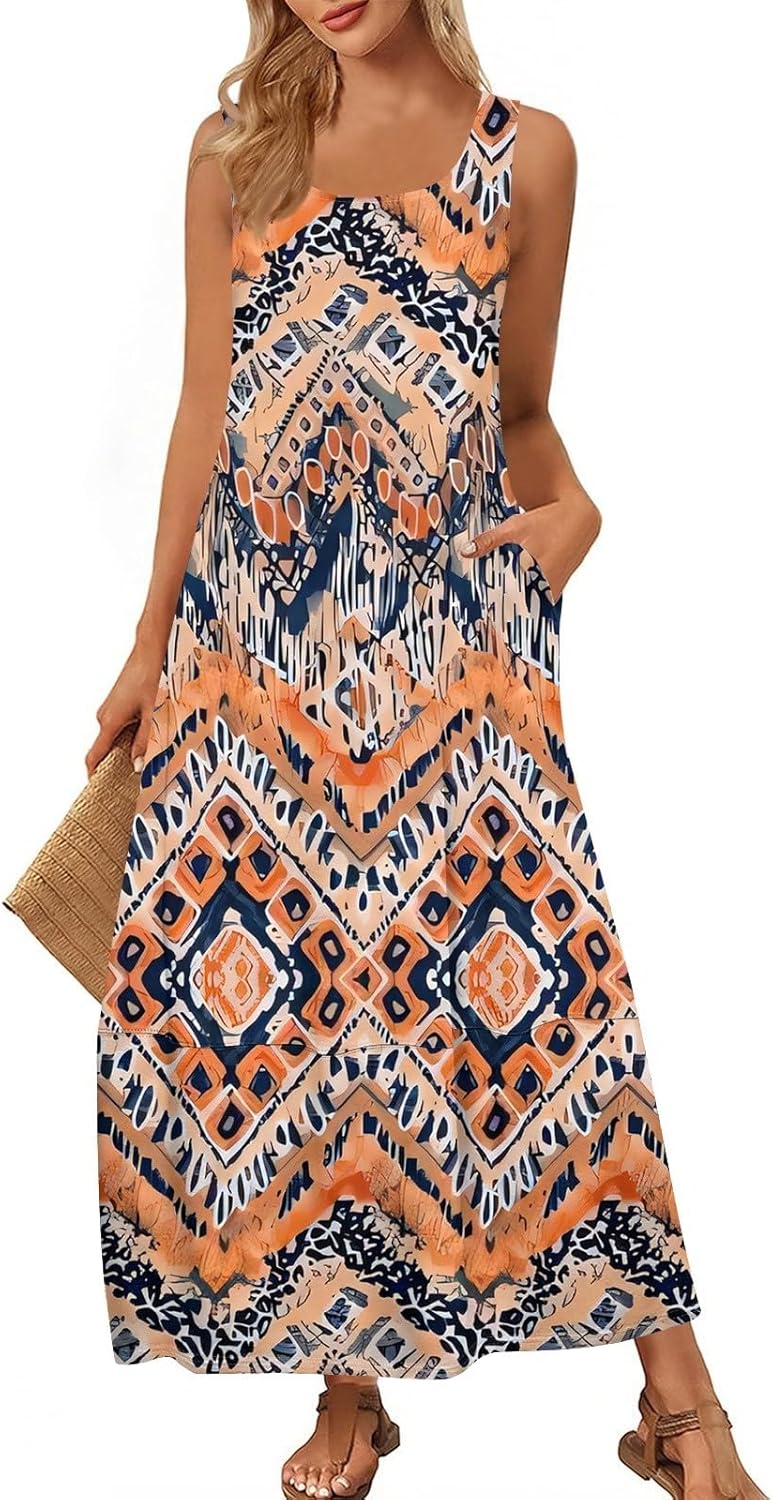 Womens Summer Tank Dress Vacation Boho Floral Long Dresses with Pockets Resort Wear Swing Beach Sleeveless Sundress