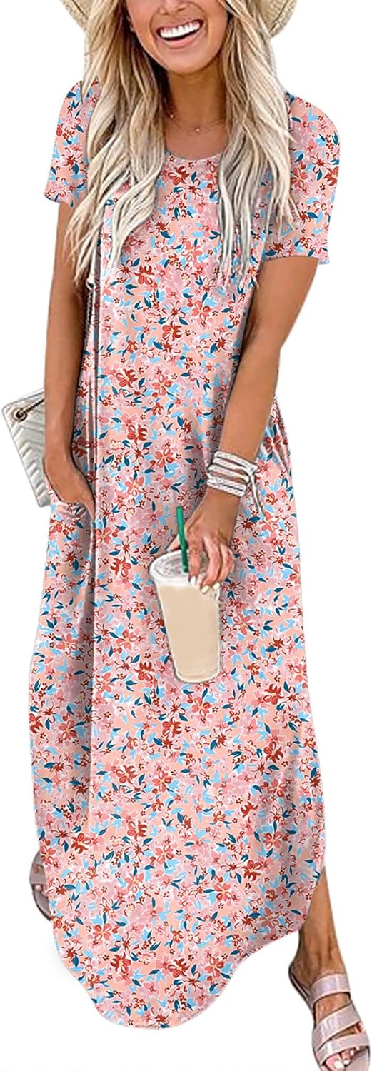 ANRABESS Women's Summer Casual Loose Short Sleeve Long T Shirt Dress Split Maxi Beach Sundress Travel Vacation Outfits