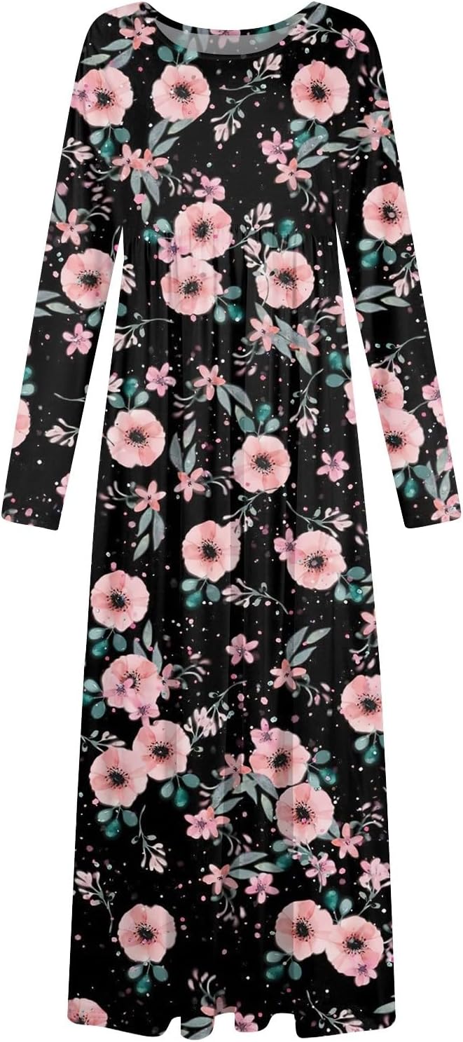 Long Sleeve Maxi Dress for Women Elegant Crew Neck Flowy Swing Dresses Solid Color Wedding Guest Dresses