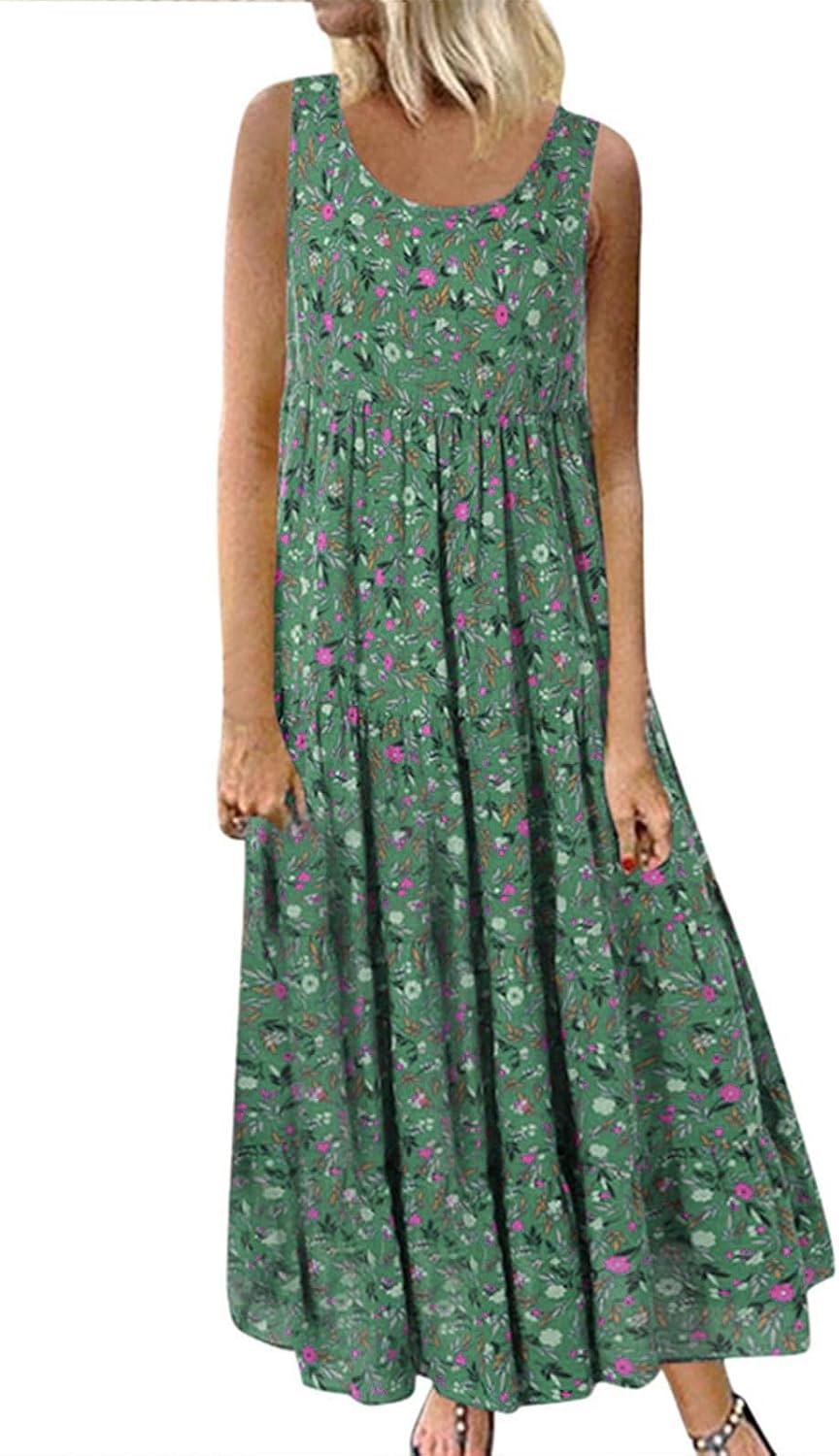 Ceboyel Women Boho Floral Maxi Dresses Flowy Tank Dress Sleeveless Smocked Sundresses Trendy Casual Beach Long Sun Dress
