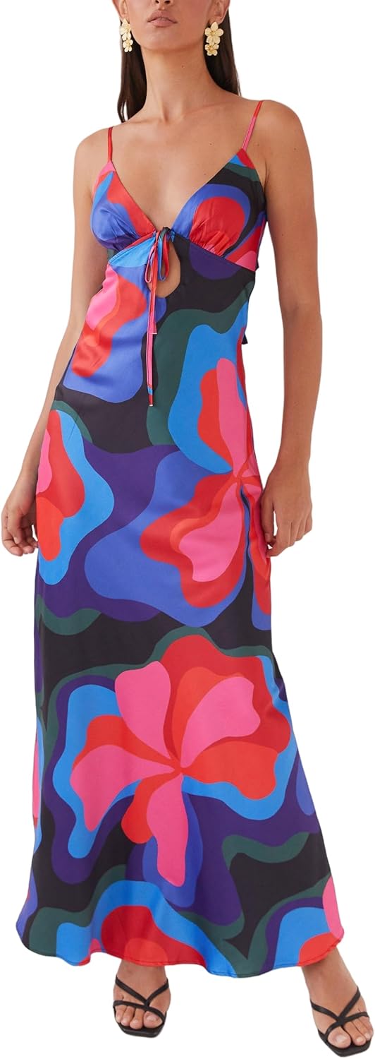 Luckinbaby Women Y2k Spaghetti Strap Maxi Dress V Neck Tie Front Cutout Long Cami Dress Backless Party Wedding Dress