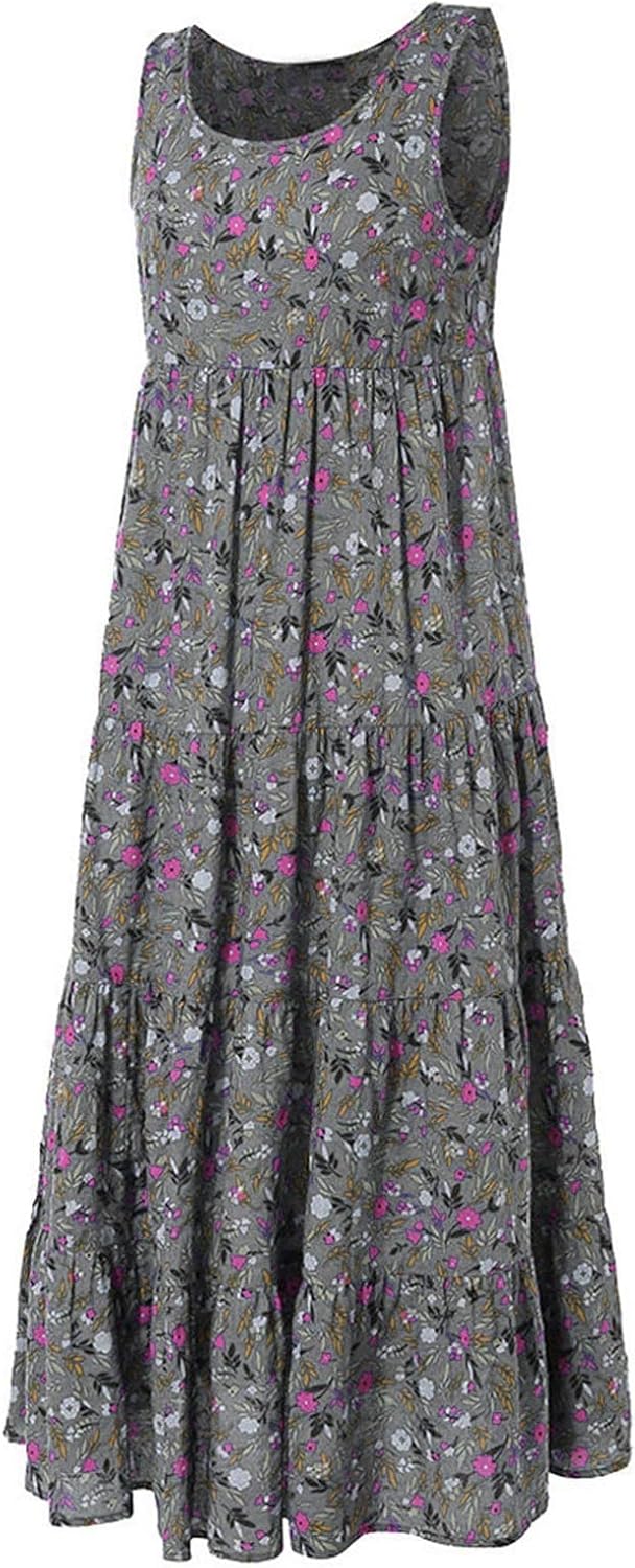 Ceboyel Women Boho Floral Maxi Dresses Flowy Tank Dress Sleeveless Smocked Sundresses Trendy Casual Beach Long Sun Dress