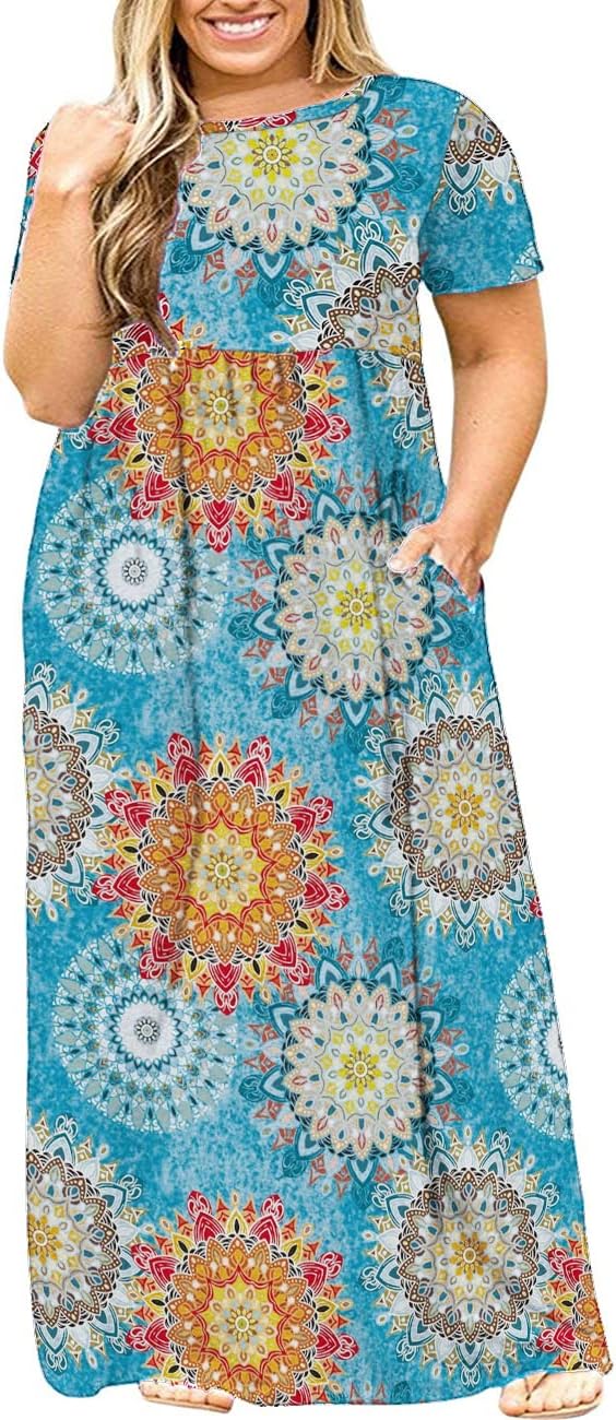 Kancystore Women's Short Sleeve Plus Size Maxi Dress with Pockets Loose Casual Summer Dresses