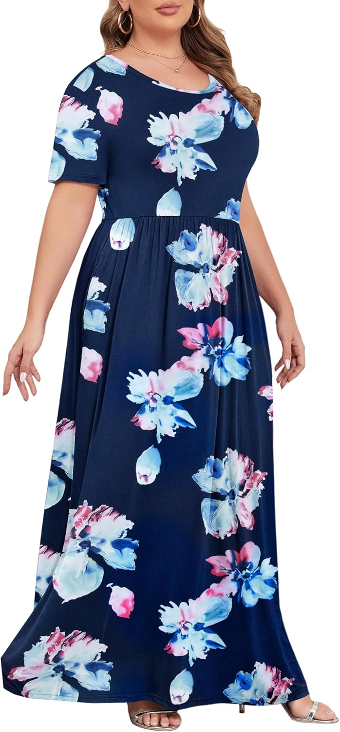 KARALIN Women’s Plus Size Maxi Dresses for Curvy Women Summer Casual Short Sleeve 2025 Long Dress 14W-26W