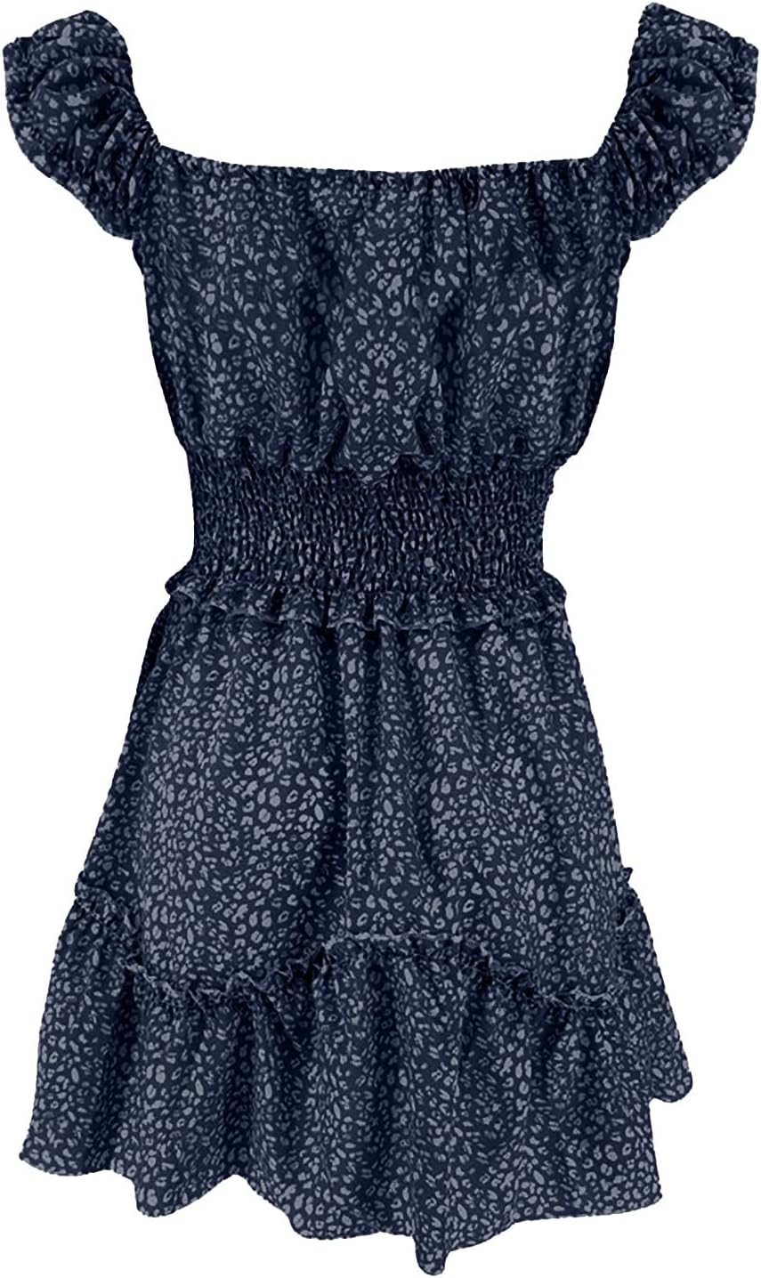 iQKA Women Short Mini Dress Summer Bohemian Floral Print Short Sleeve Square Neck Sexy Babydoll Dresses S-3XL