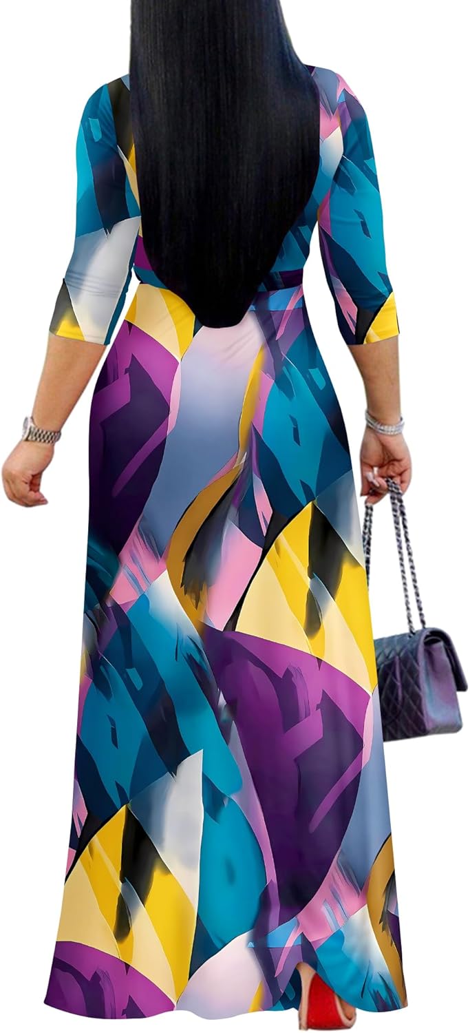 FANDEE Plus Size Maxi Dress for Women Casual Summer Sundress V-Neck 3/4 Sleeve