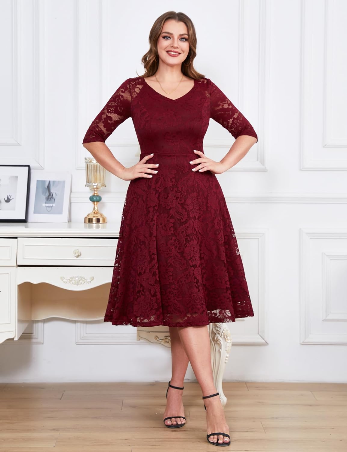 Dressystar Womens Long-Sleeve Wedding Guest Dress A-Line Lace Formal Party Cocktail Midi Dress Prom Gown