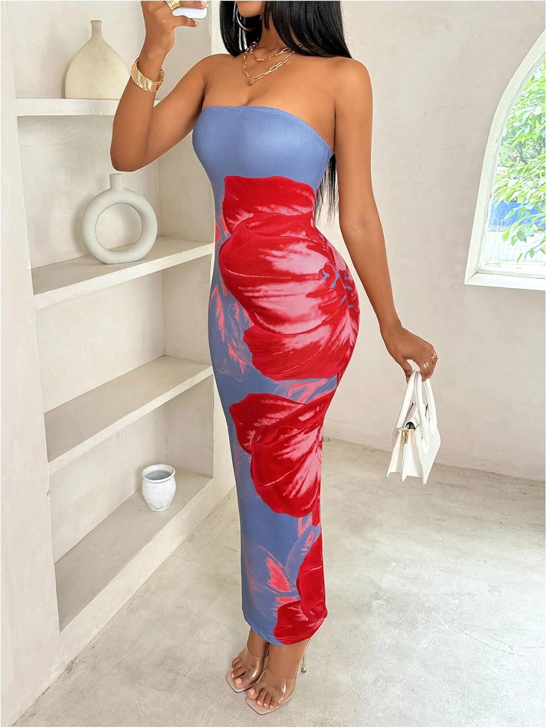 GORGLITTER Women's Floral Strapless Tube Dress Sleeveless Bodycon Maxi Dress Wedding Guest Long Dress