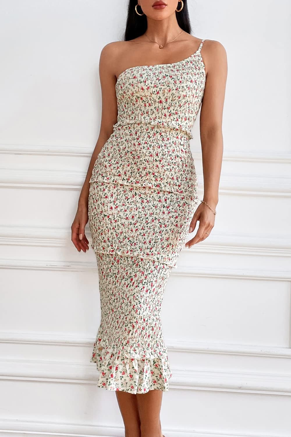 PRETTYGARDEN Women's Summer Midi Bodycon Dresses One Shoulder Strappy Tiered Ruffle Floral Boho Sun Dress
