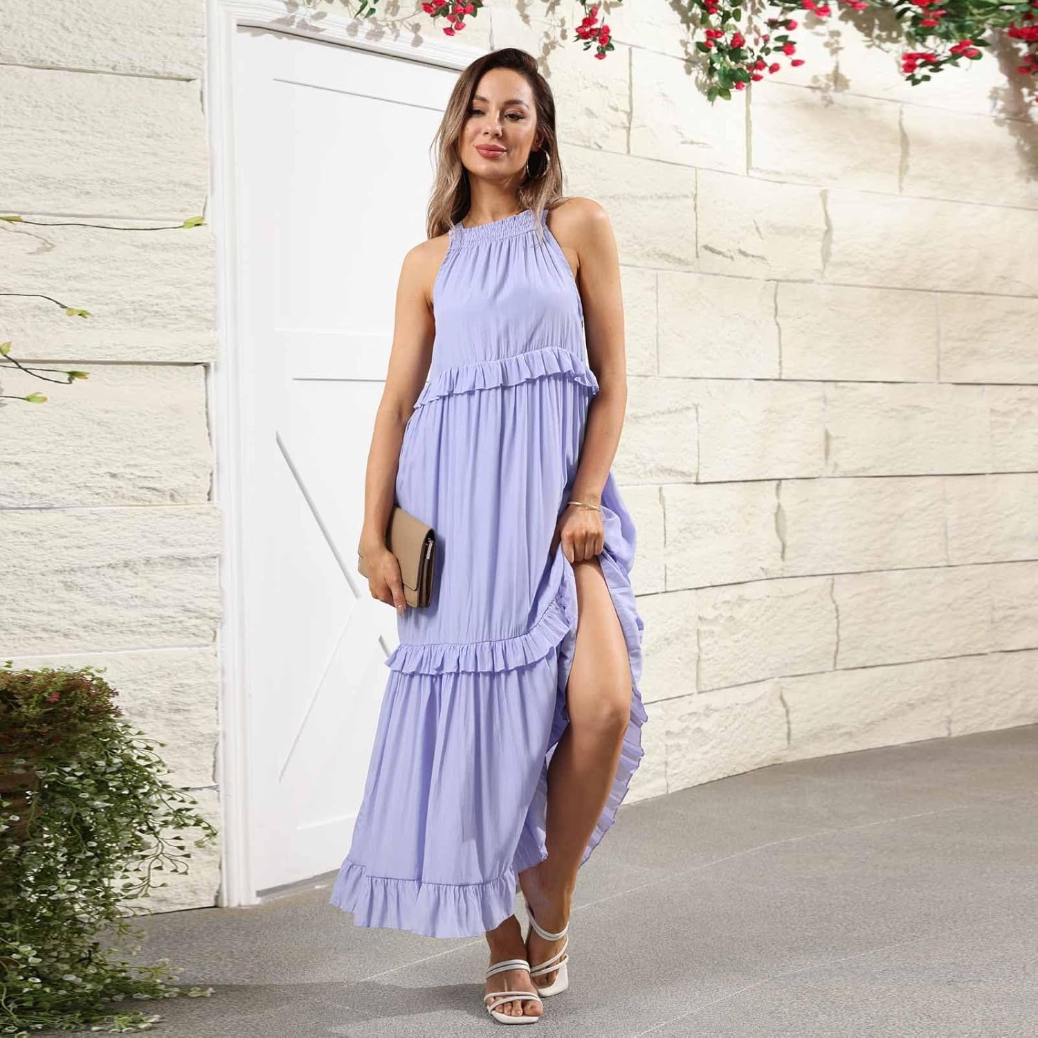 Boho Dresses for Women,2025 Summer Flowy Ruffle Tiered Swing Smocked Beach Sundress,Sleeveless Halter Maxi Dress