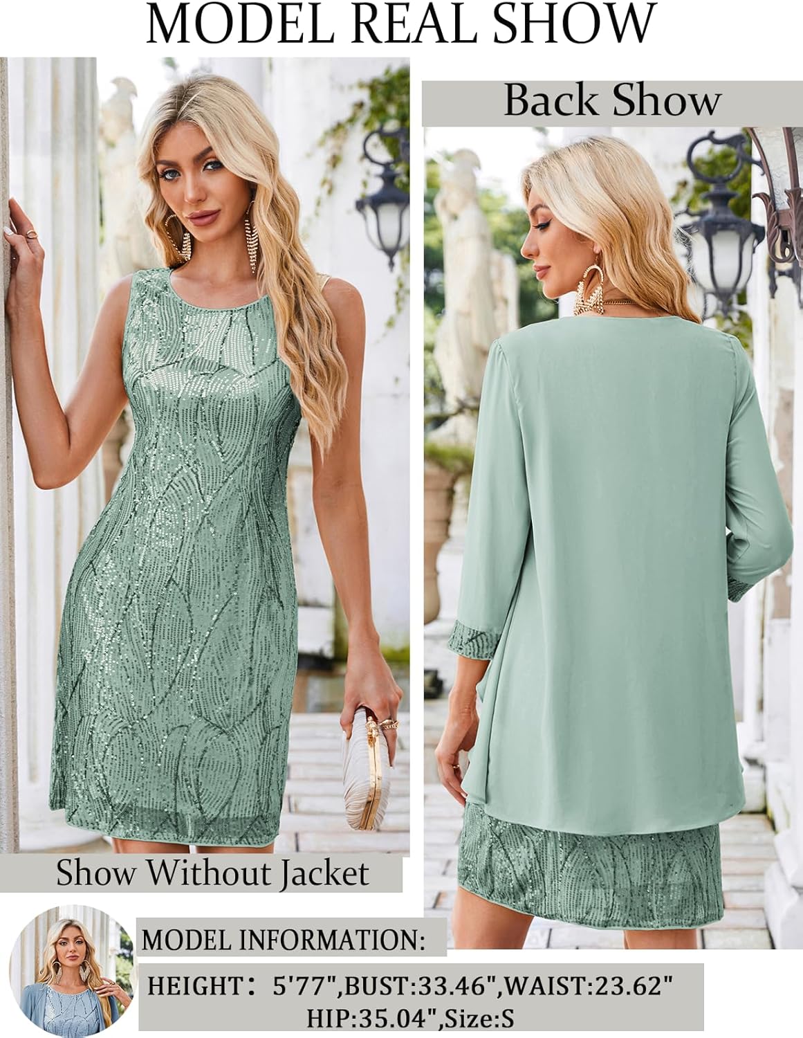 GRACE KARIN Sequin Dress for Women Knee Length Mother of the Bride Dresses Formal Dress Two Piece Dress with Chiffon Jacket