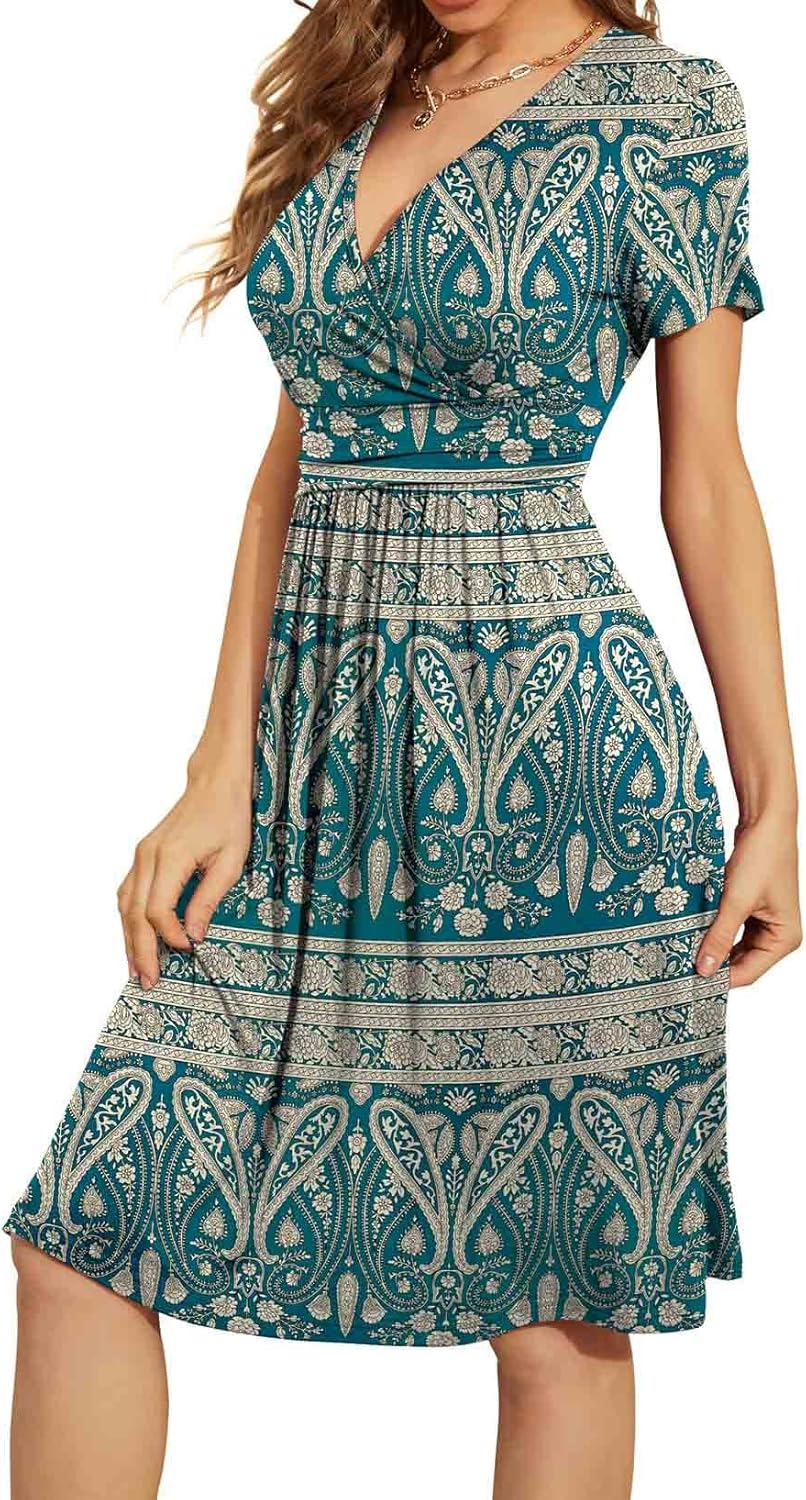 WEACZZY Women's Summer Short Sleeve Casual Dresses V-Neck Floral Party Dress with Pockets