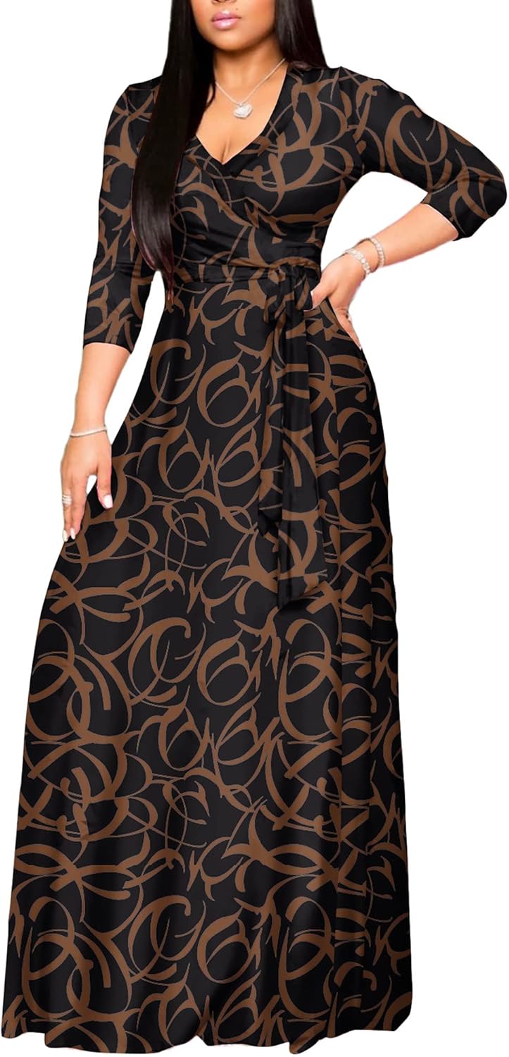 FANDEE Plus Size Maxi Dress for Women Casual Summer Sundress V-Neck 3/4 Sleeve