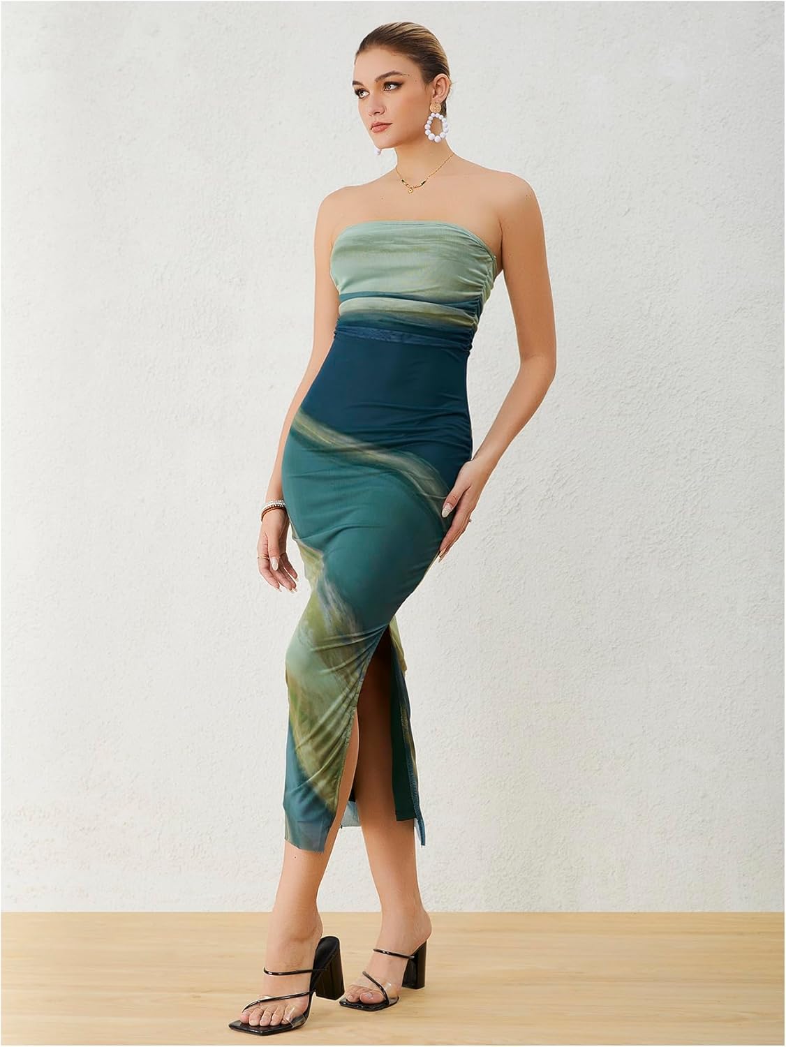 Milumia Women's Printed Strapless Tube Top Long Dress Slit Hem Sleeveless Bodycon Maxi Dresses