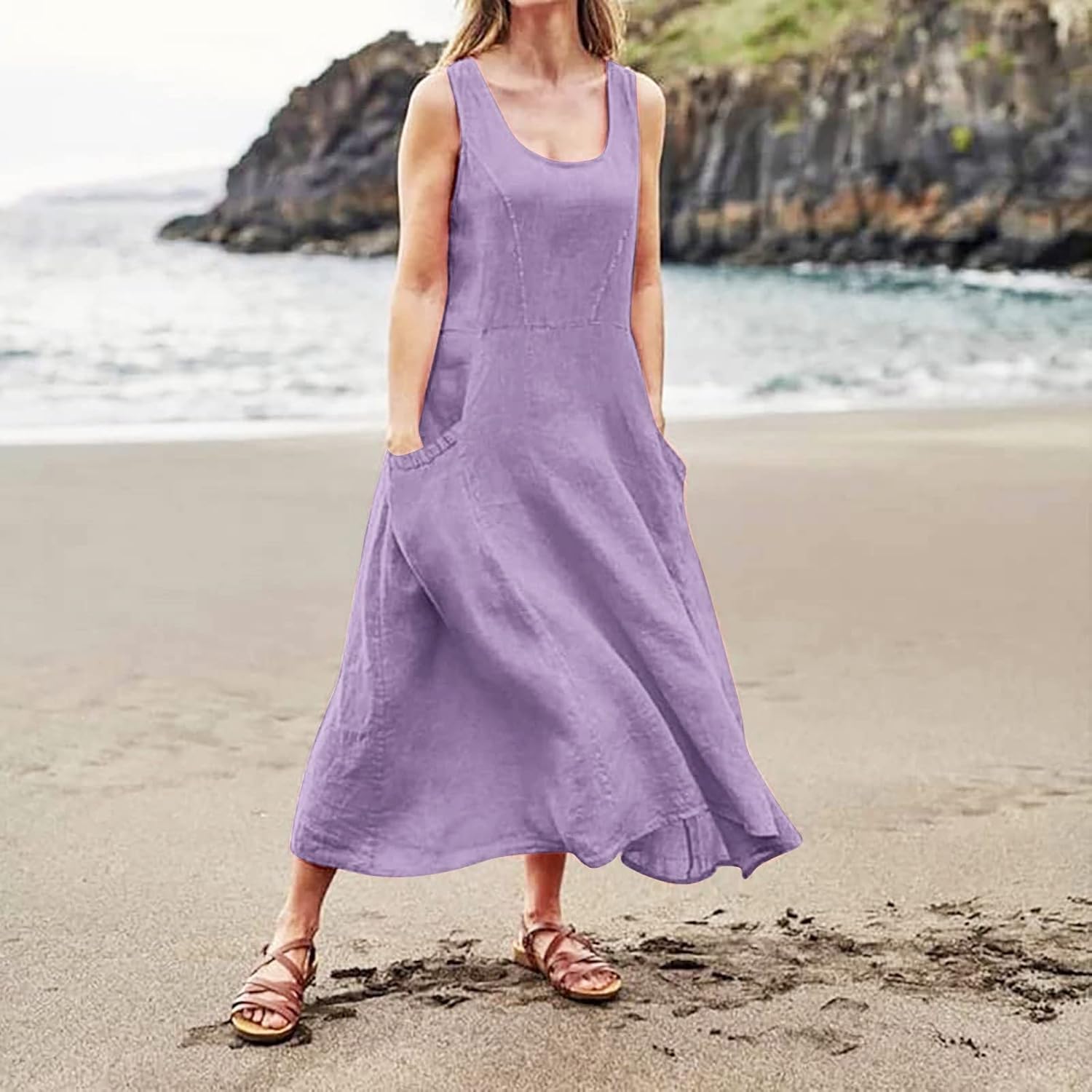 Women's Casual Sleeveless Dresses, Cotton Linen Pocket Dresses Summer Dresses for Women 2024 Sundresses Beach Dress