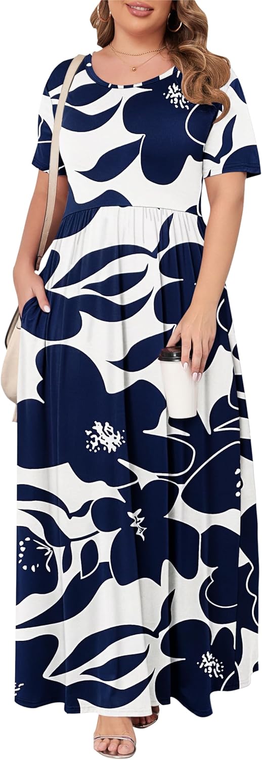 KARALIN Women’s Plus Size Maxi Dresses for Curvy Women Summer Casual Short Sleeve 2025 Long Dress 14W-26W