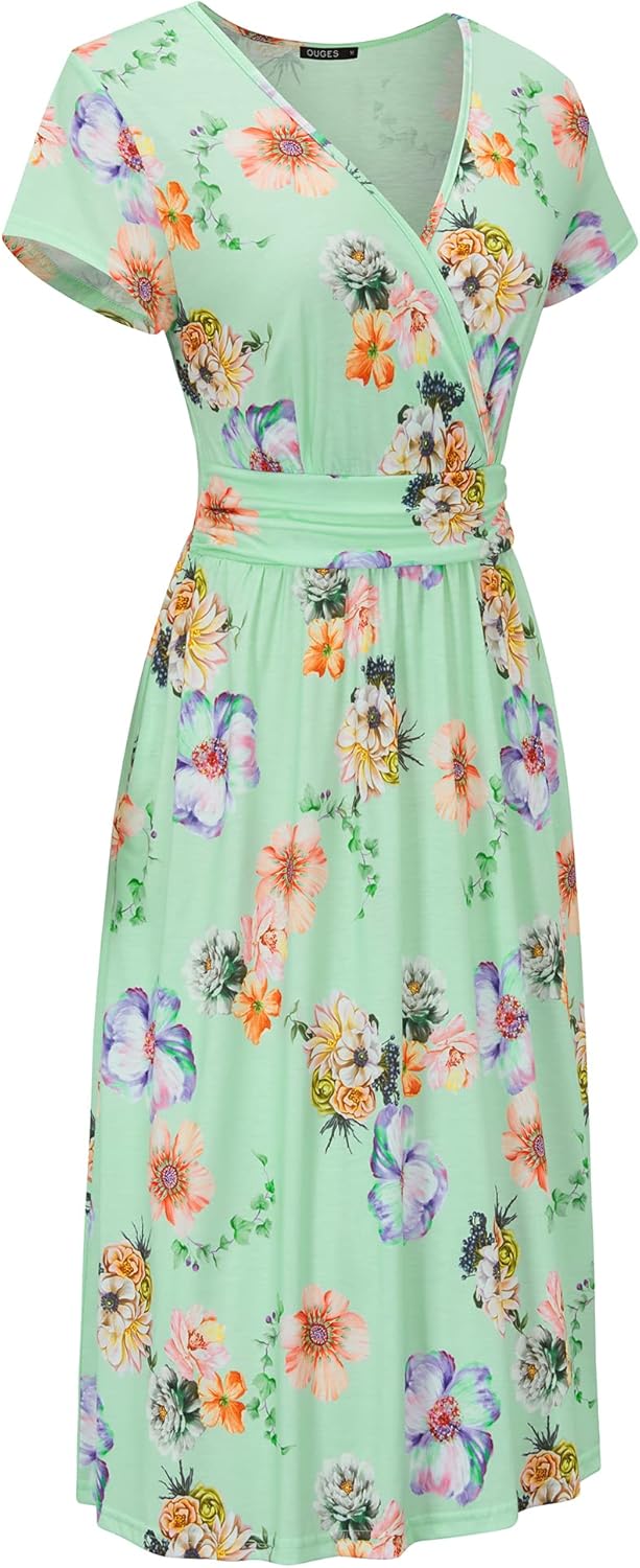 OUGES Women's Summer Short Sleeve V-Neck Floral Short Party Dress with Pockets