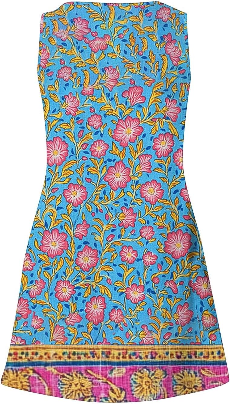Womens 2025 Spring Summer Dresses Casual Floral Print V-Neck Tank Dress Curve Hem Pleated A-Line Sundresses