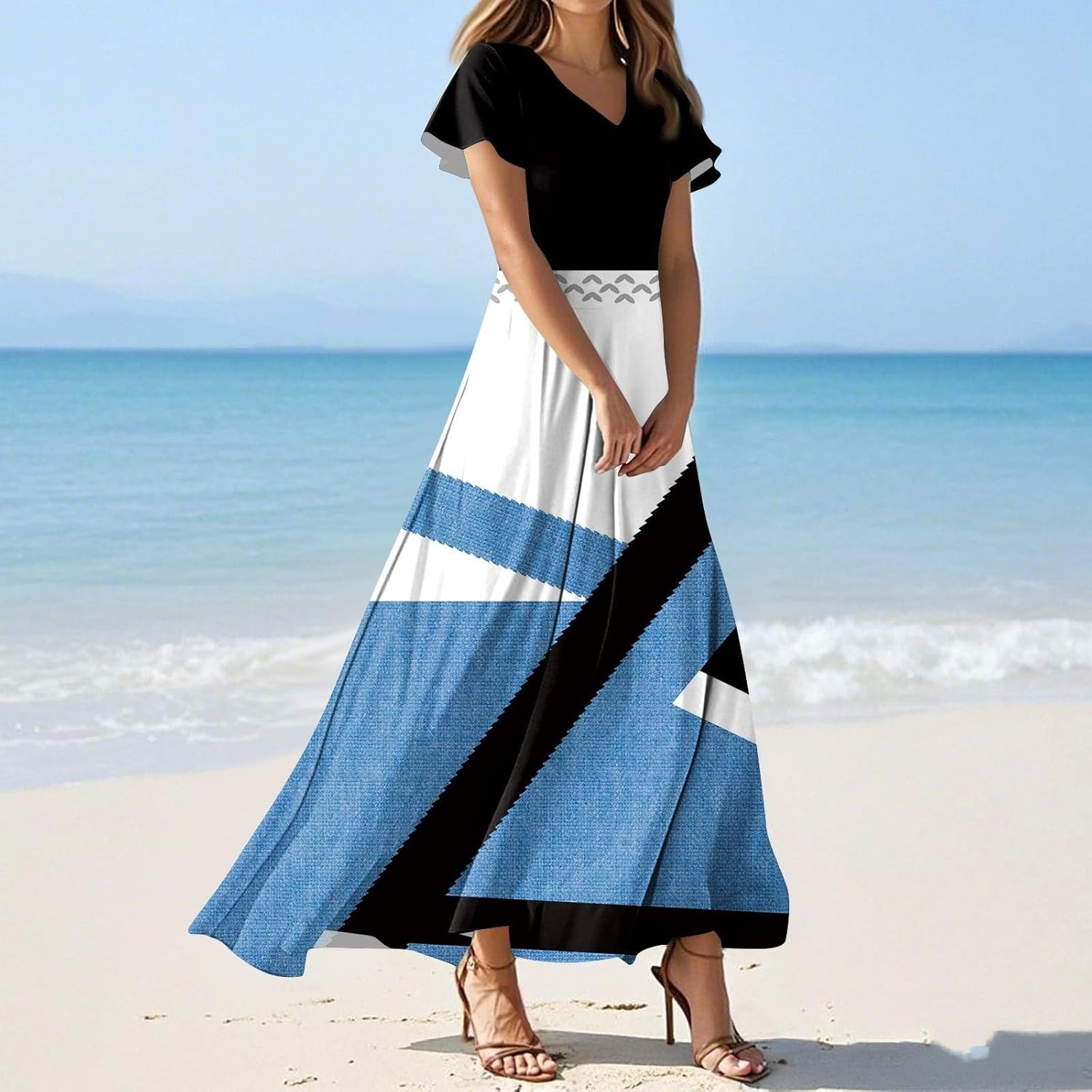 Womens Fashion V Neck Ruffle Short Sleeve Maxi Dress 2025 Summer Elegant Solid Color Flowy A Line Dresses