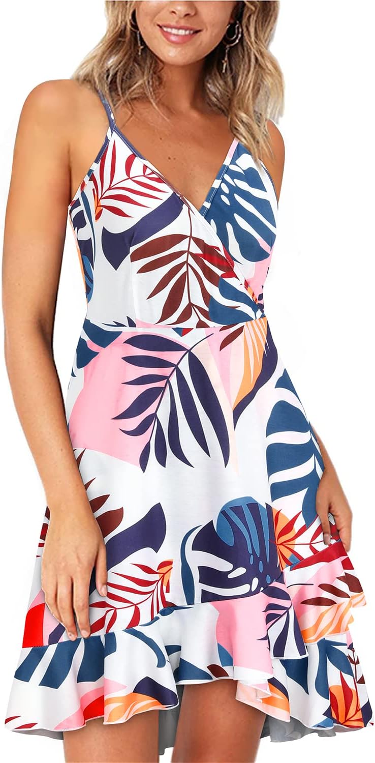ULTRANICE Womens Summer Dresses Floral V Neck Ruffled Hem Spaghetti Spring Casual Beach Outfits Flowy Wrap Sun Dress