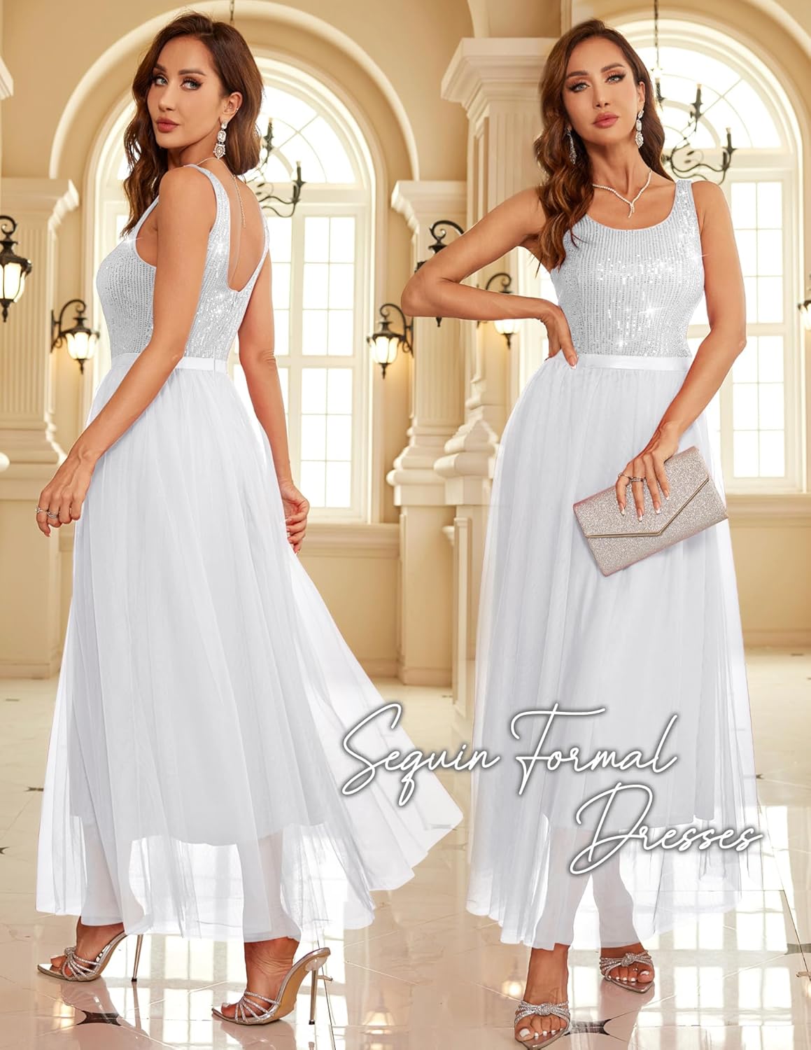 BeryLove Sequin Dress for Woman Vintage A Line Wedding Formal Swing Mesh Dress Sleeveless Cocktail Maxi Gowns