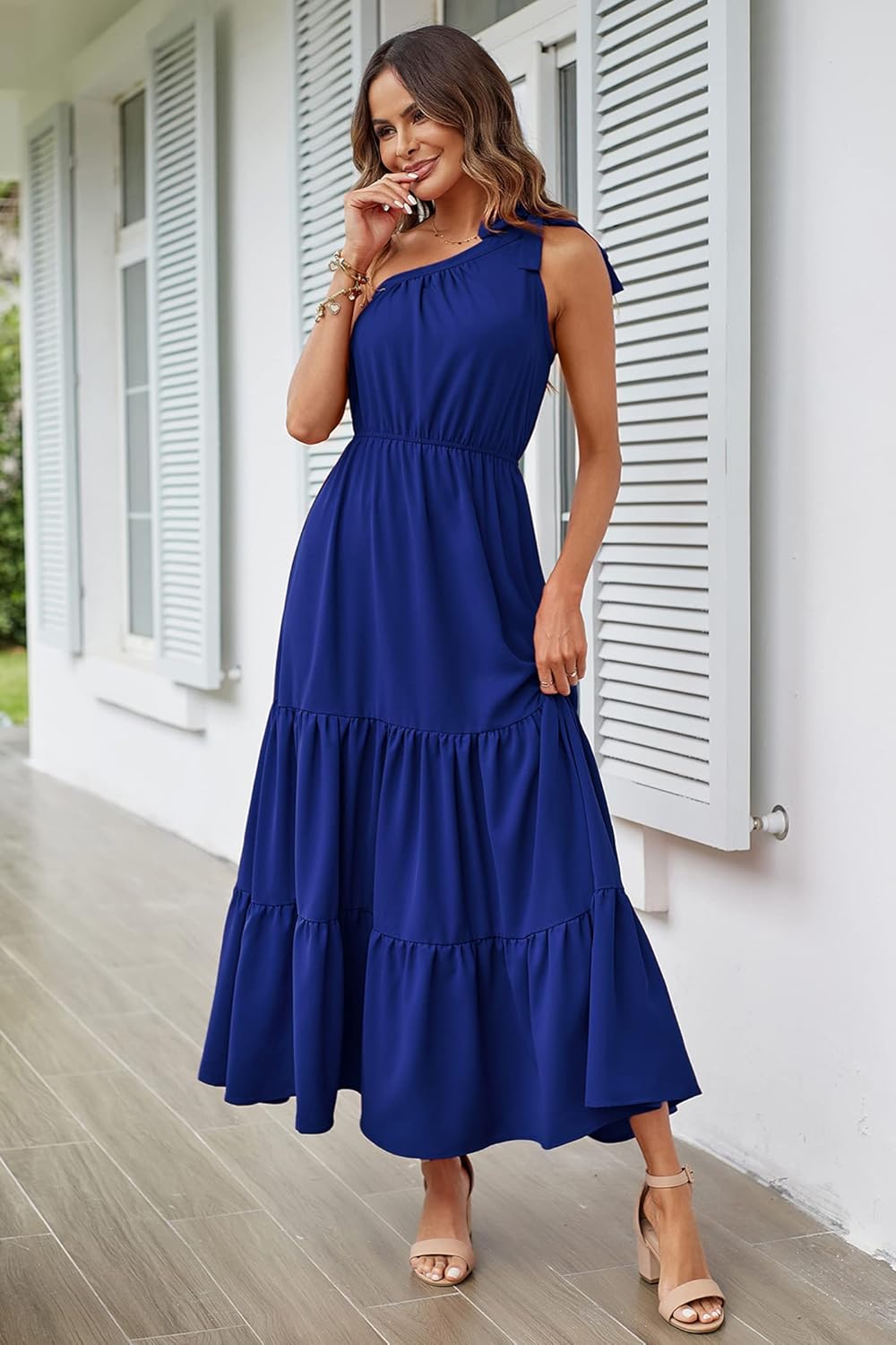 PRETTYGARDEN Women's Summer Floral Maxi Dress Knot One Shoulder Sleeveless Ruffle Flowy Boho Beach Wedding Guest Dresses