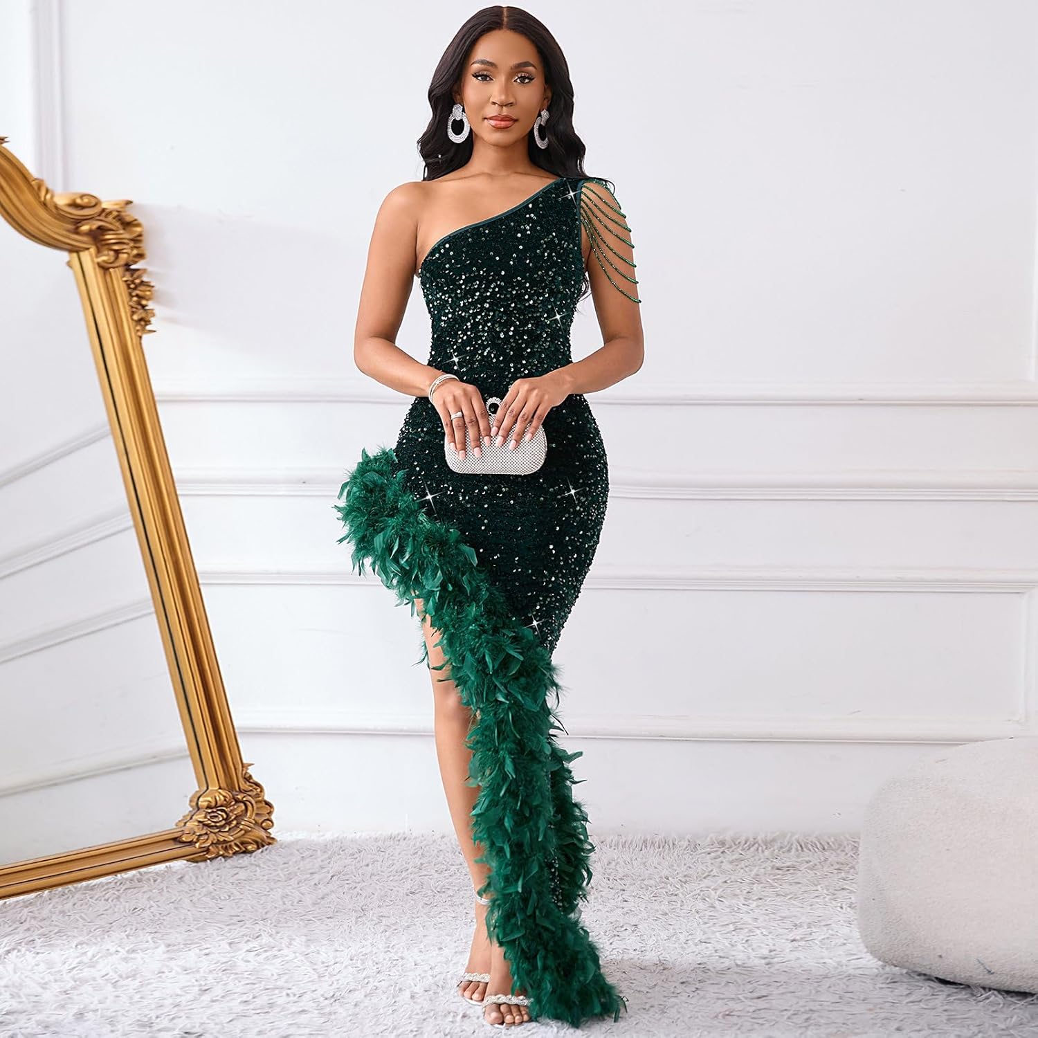 Cololura Women Sequin Elegant Sexy Tassels One Shoulder Mermaid Bodycon Cocktail Evening Midi Party Formal Dress