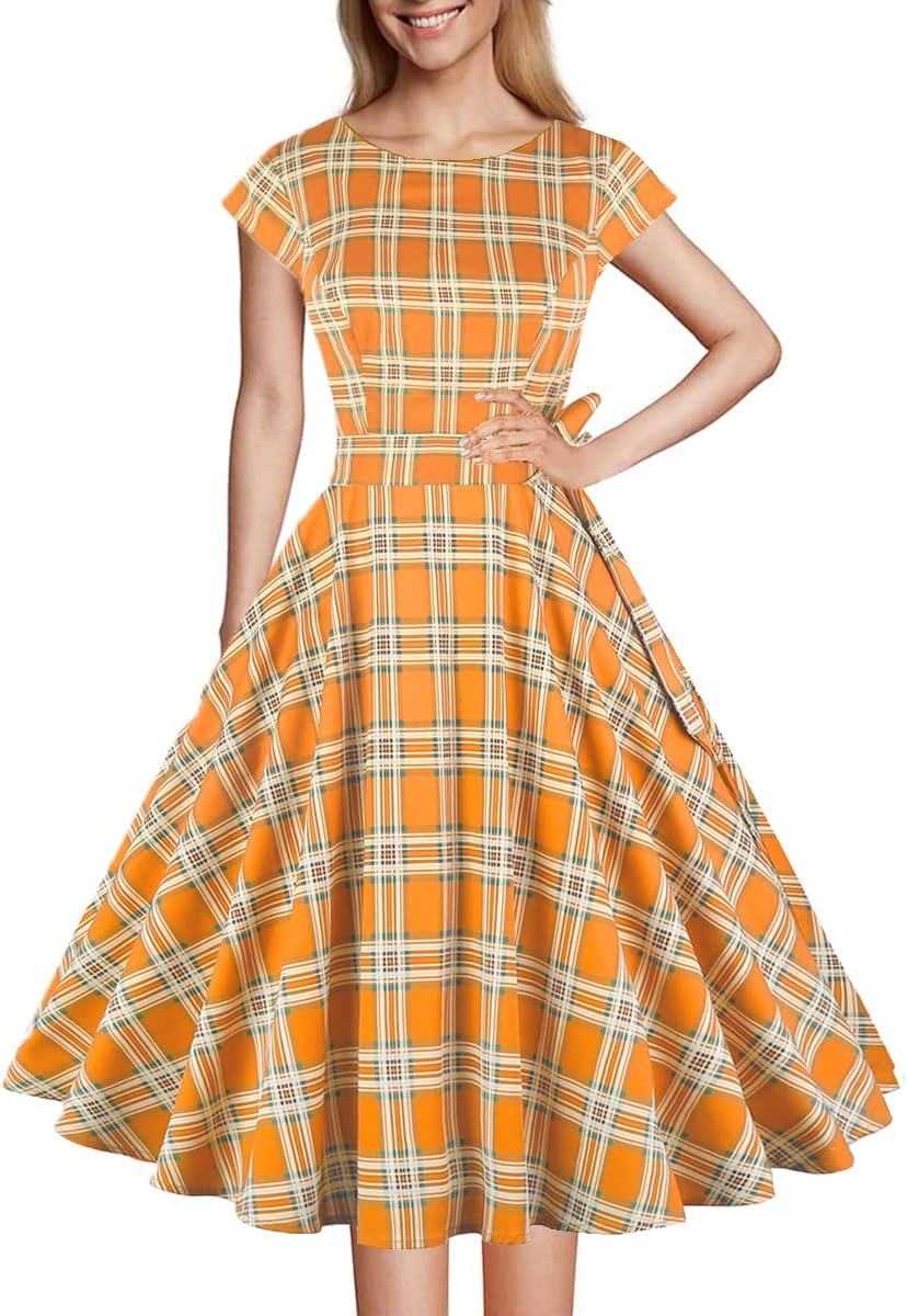 PUKAVT Women's 1950 Boatneck Cap Sleeve Vintage Swing Cocktail Party Dress with Pockets