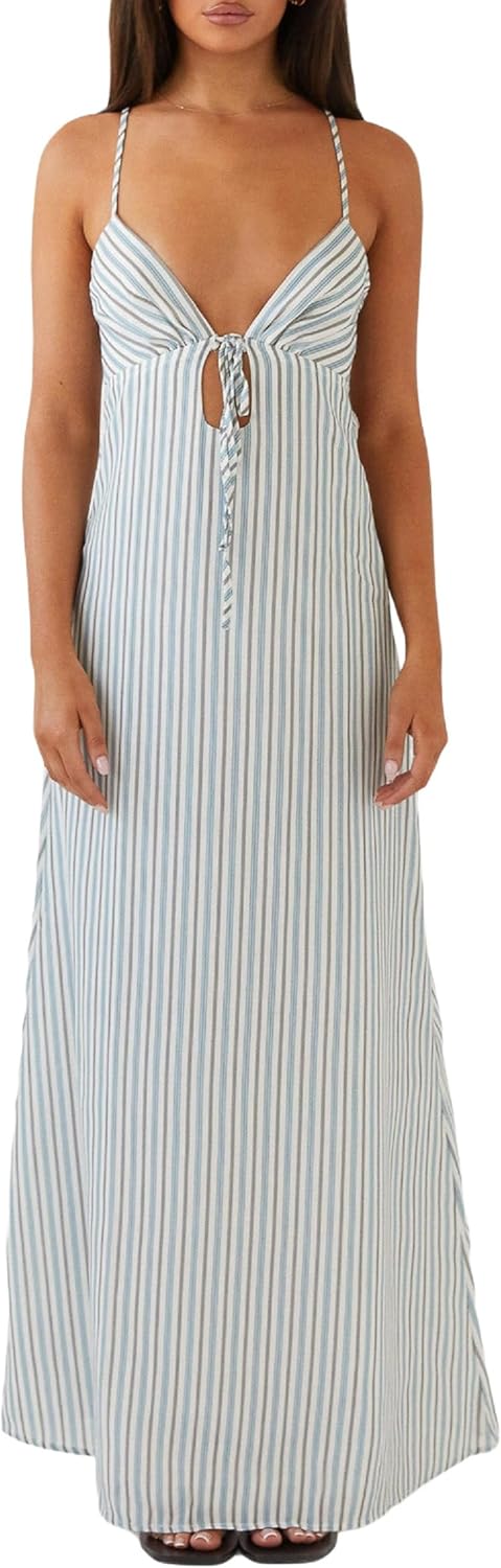 Luckinbaby Women Y2k Spaghetti Strap Maxi Dress V Neck Tie Front Cutout Long Cami Dress Backless Party Wedding Dress