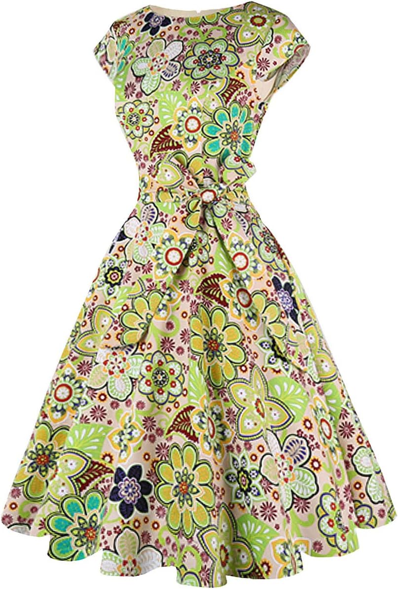 PUKAVT Women's 1950 Boatneck Cap Sleeve Vintage Swing Cocktail Party Dress with Pockets