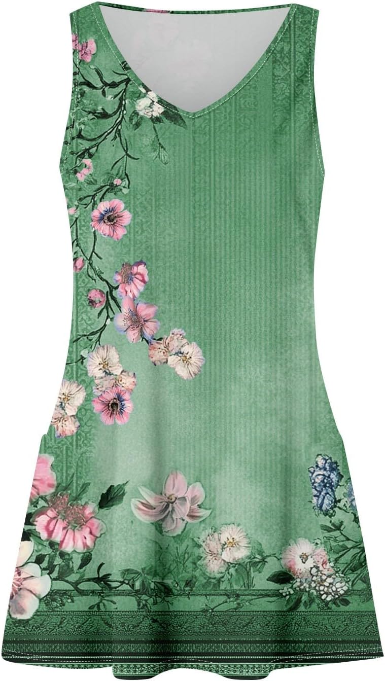 Women's Sleeveless Floral Print Summer Dress Casual V-Neck A-Line Mini Dress for Beach Party and Daily Wear