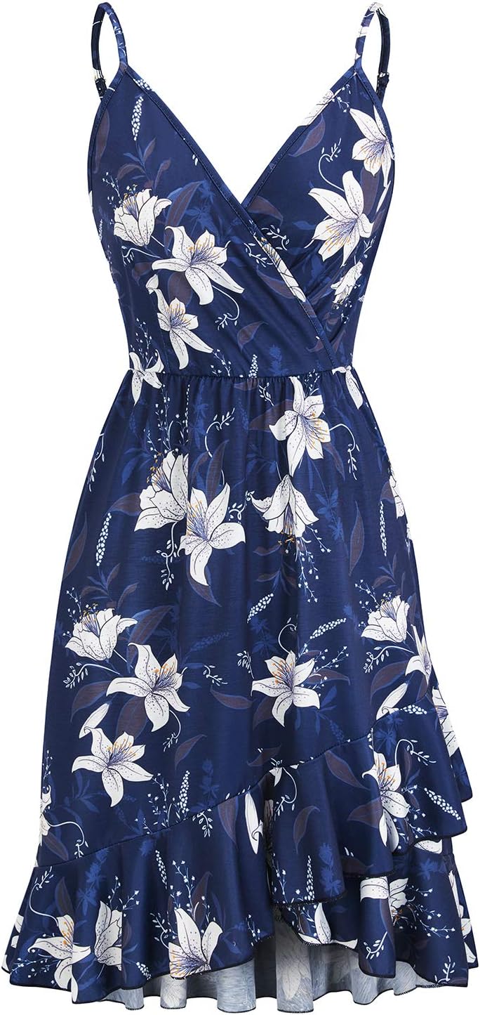 ULTRANICE Womens Summer Dresses Floral V Neck Ruffled Hem Spaghetti Spring Casual Beach Outfits Flowy Wrap Sun Dress