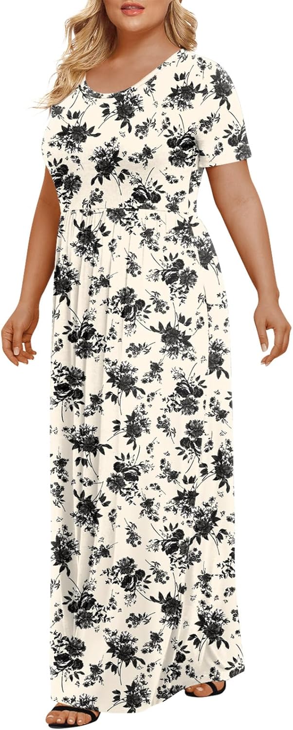 LONGYUAN Women's Plus Size Maxi Dresses for Curvy Women Summer Short Sleeve Casual 2025 Long Dress XL-6XL
