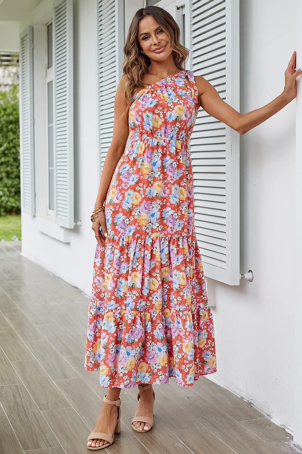 PRETTYGARDEN Women's Summer Floral Maxi Dress Knot One Shoulder Sleeveless Ruffle Flowy Boho Beach Wedding Guest Dresses